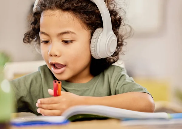 Hes Got Lots Draw Little Boy Drawing While Listening Music — Foto Stock