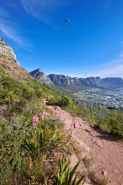 Scenic Mountain Hiking Trail Coastal City Sunny Day Quiet Nature — Photo