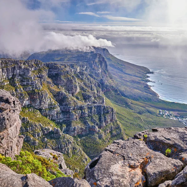 Panoramic Aerial Nature Views Clouds Rolling Mountain Coast Summer Copyspace — Photo