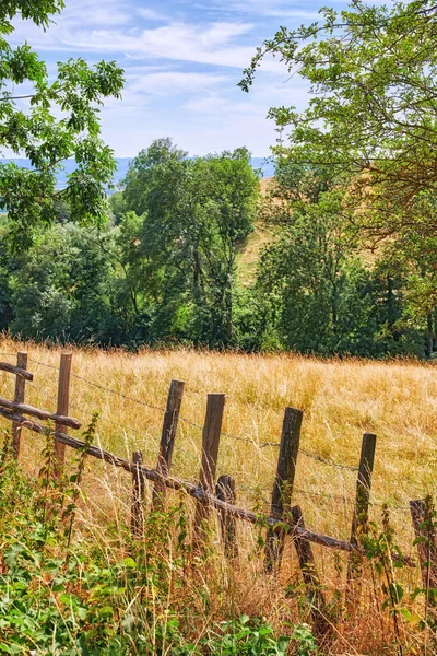 Countryside Farm Land Fence Blue Cloudy Sky Background Landscape Sustainable — 图库照片