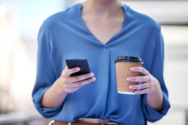 Two Great Sources Addiction Businesswoman Drinking Cup Coffee While Using — 图库照片