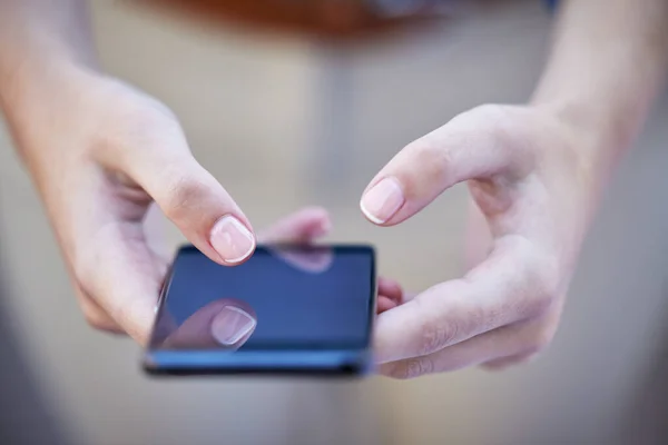 Holding World Palm Hand Businesswoman Using Smartphone Send Text Message — Φωτογραφία Αρχείου