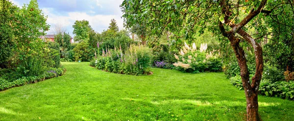 Magical Lush Green Garden Various Colorful Flowers Blooming Trees Growing — Stock Photo, Image