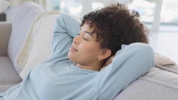 African American Woman Taking Deep Breath Relaxing Her Living Room — Vídeos de Stock