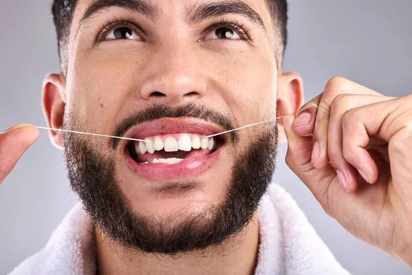 Everyone Knows How Get Bright Smile Young Man Flossing His — Foto de Stock