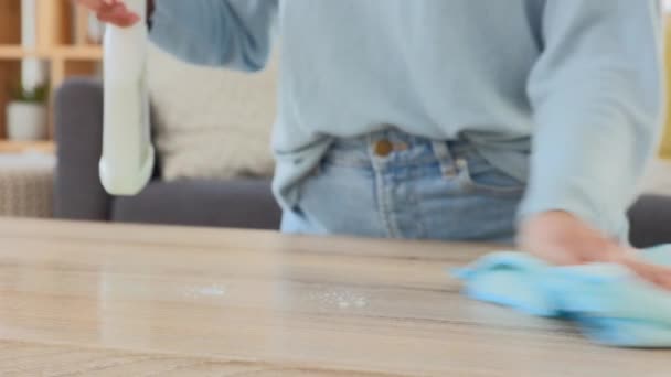 Woman Wiping Table Home Closeup Female Sanitizing Spring Cleaning Table — 图库视频影像