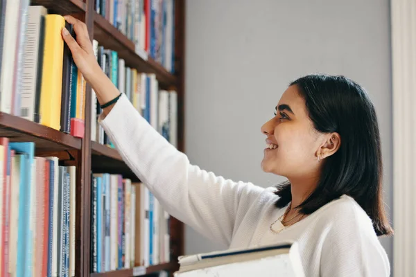 Library Has All Young Woman Reading Book Her School Library — Foto Stock