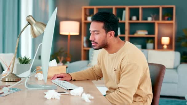 Man Feeling Sick Tired While Working His Computer Working Home — Vídeo de Stock