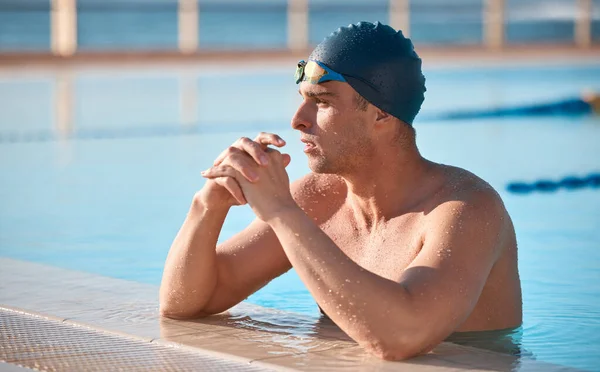 Looking Ways Improve Handsome Young Male Athlete Swimming Olympic Sized — 图库照片