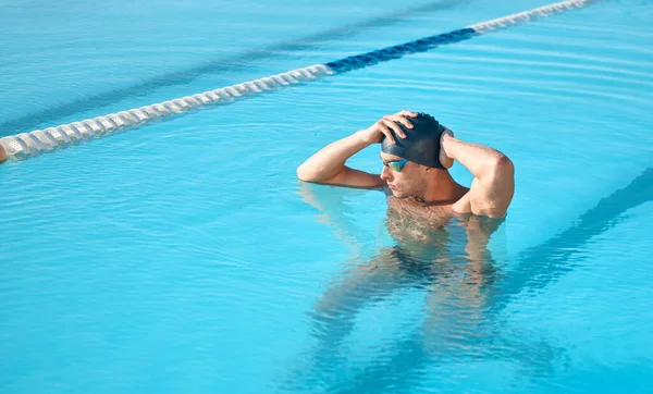 Thinking Upcoming Competition Handsome Young Male Athlete Swimming Olympic Sized — Fotografia de Stock