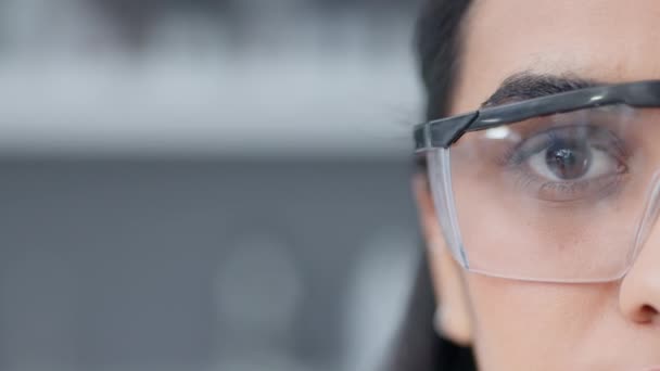 Half Face Female Biologist Safety Glasses Copy Space Closeup Portrait — Vídeos de Stock