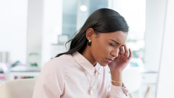 Stressed Out Young Business Woman Suffering Headache Feeling Unwell Working — Vídeo de Stock