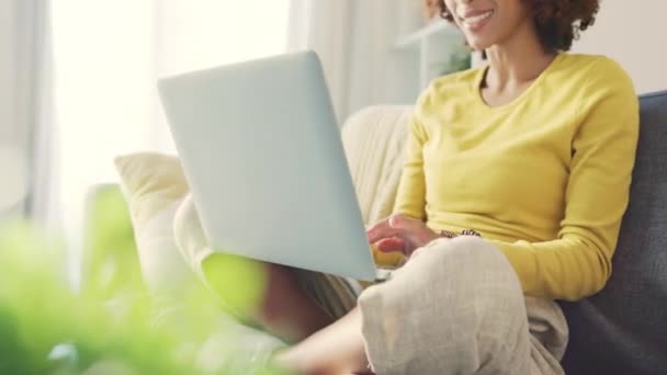 Black Woman Working Remotely Laptop Sitting Sofa Home Happy Student — Vídeo de Stock