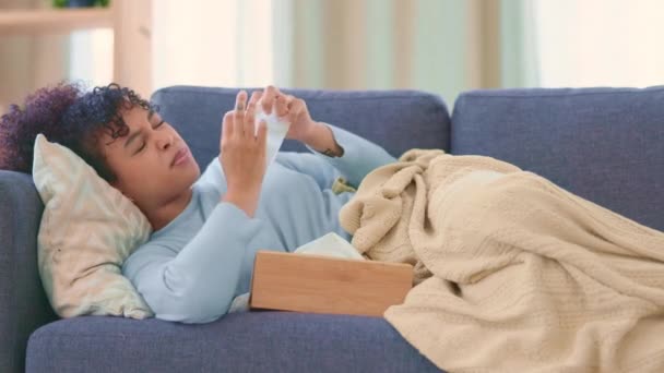 Woman Sick Flu Couch Home Sneezing Blowing Nose Young Female — Video Stock