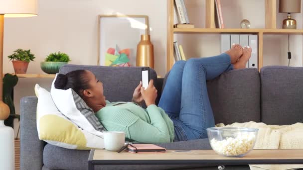 Carefree Woman Texting Typing Message Online Her Friends While Relaxing — Video Stock