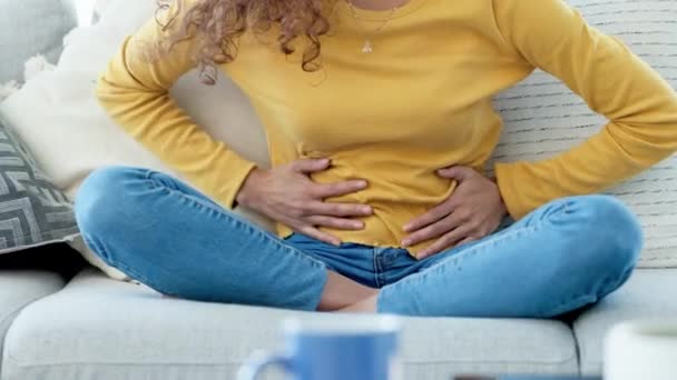 Closeup Woman Period Cramps Rubbing Her Stomach Young Girl Suffering — стоковое видео