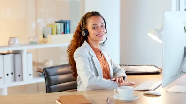 Young Woman Typing Computer Smiling Office Using Headset Neat Professional — стоковое видео