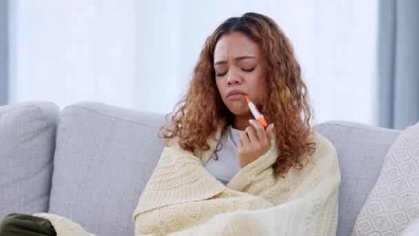 Sick Woman Measuring Body Temperature Thermometer Testing High Fever Miserable — Vídeos de Stock
