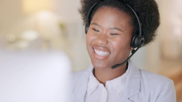 Happy Black Call Center Agent Wearing Headset Working Modern Office — стокове відео