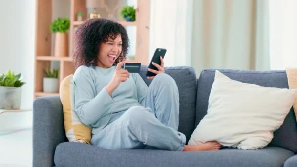 Woman Excited Make Online Mobile Purchase Young Lady Relaxing Couch — Video