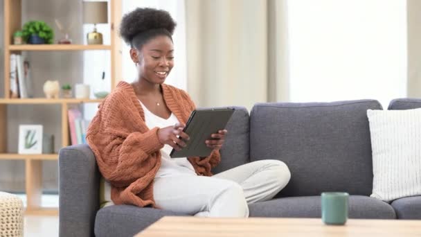 Woman Laughing Browsing Social Media Online Digital Tablet While Relaxing — Video