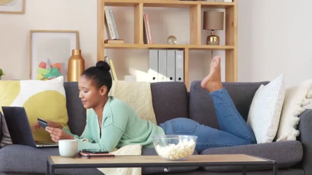 Happy Black Student Shopping Online While Relaxing Sofa Laptop Home — Vídeos de Stock
