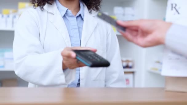 Customer Paying Card Prescription Medicine Pharmacy Female Pharmacist Using Nfc — стоковое видео