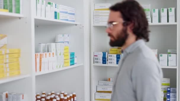 Patient Reading Pharmacy Medication Box Searching Counter Remedy Treat Illness — Video