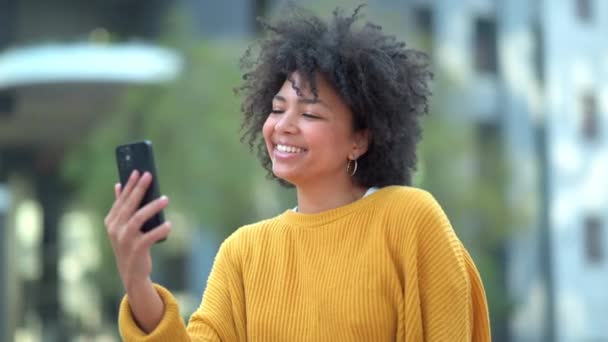 Fun Afro Student Taking Selfies Phone Social Media Making Happy — Stock Video