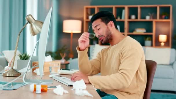 Sick Businessman Suffering Depression While Working Home Tired Overworked Depressed — 图库视频影像
