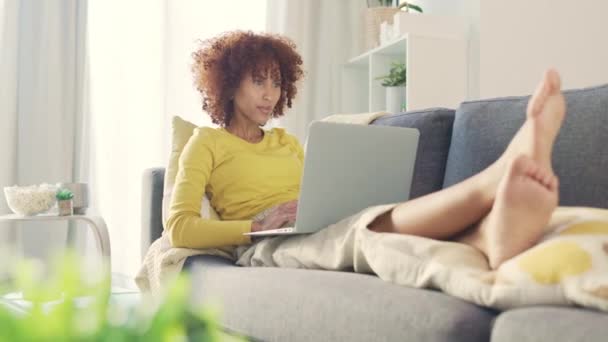 Excited Black Woman Celebrating While Using Laptop Home Happy Student — Vídeo de Stock