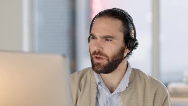 Call Center Customer Support Agent Talking Client Using Headphones Hand — Video
