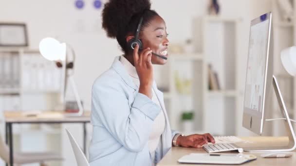 Proud Call Center Agent Wearing Headset Talking Client While Working — Stockvideo