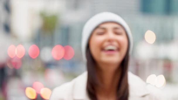 Portrait Shy Girl Urban City Young Woman Playful Expression Hiding — Wideo stockowe