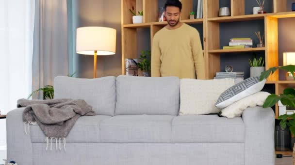 Joyful Man Jumping Sofa Watching Home Living Room Young Male — Stock Video