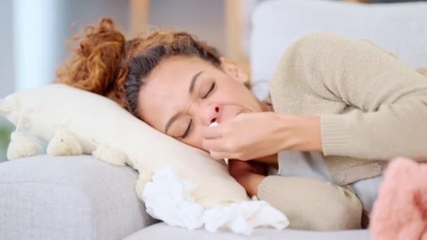 Sick Woman Sleeping Suffering Flu Cold Home Young Female Sinus — стоковое видео