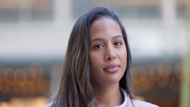 Closeup Face Smiling Volunteer Worker Brown Eyes Looking Forward Caring — Video