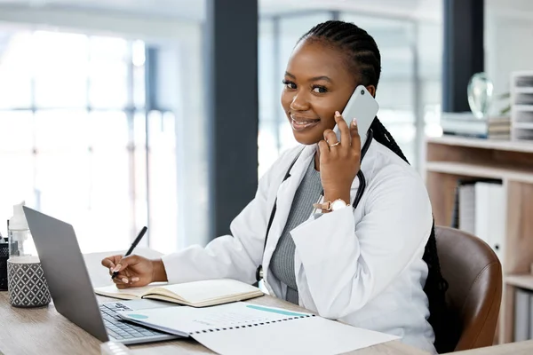 Shes Always Ready Help Patients Young Doctor Making Phone Call — Fotografia de Stock