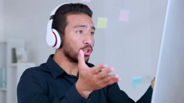 Stressed Businessman Talking Computer Video Call Wearing Headphones Arguing Manager — Αρχείο Βίντεο