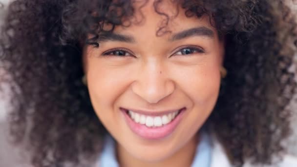 Happy Female Pharmacist Smiling Looking Cheerful Closeup Face Joyful African — стоковое видео
