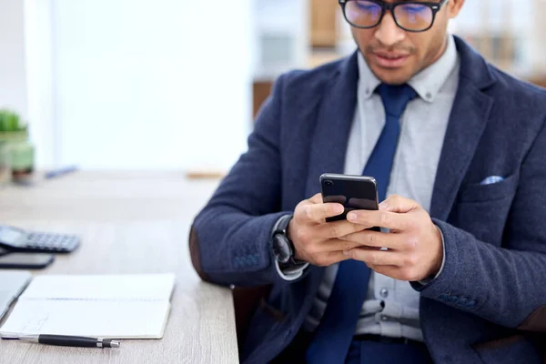 Need Check Something Businessman Using His Cellphone While Sitting His — 스톡 사진