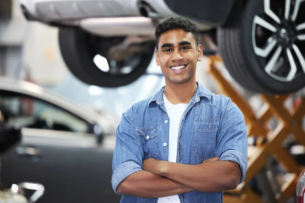 Turned Interest Career Portrait Handsome Young Mechanic Standing His Arms — Stock Fotó