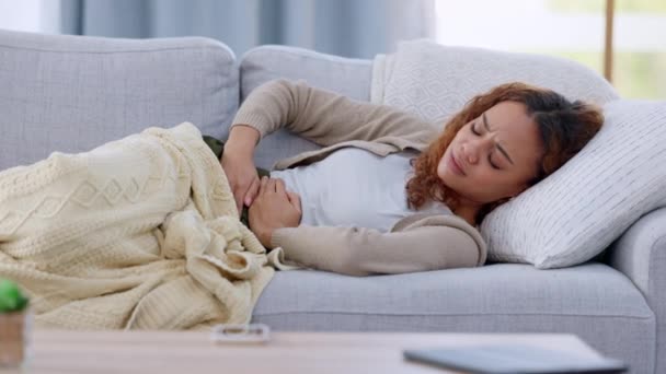 Young Woman Pain Suffering Stomach Ache Cramps Lying Sofa Sick — стоковое видео