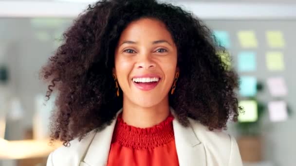 Portrait Black Business Woman Smiling Laughing While Working Office One — Stockvideo