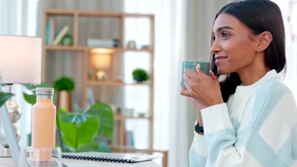 Happy Student Enjoying Calming Cup Tea Studying Writing Her Assignment — Vídeo de Stock