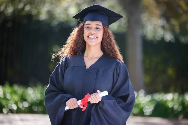 Ready Take World Portrait Young Woman Holding Her Diploma Graduation — Foto Stock