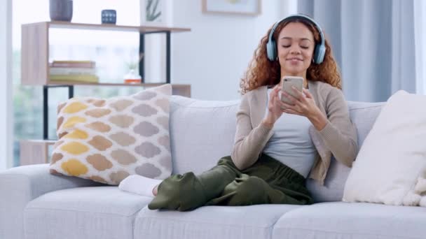Happy Woman Enjoying Music Her Favorite Singer Phone Using Headphones — стоковое видео