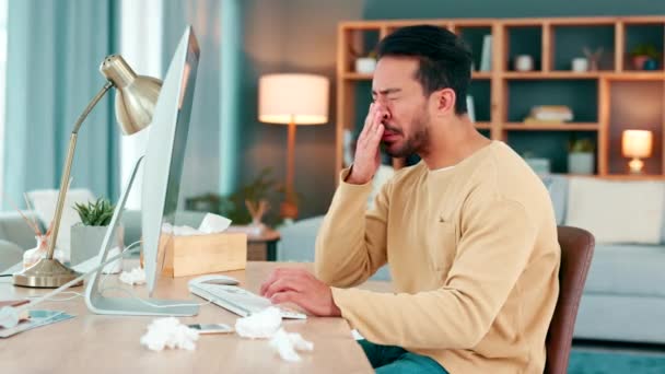 Sick Specialist Suffering Cold Flu Blowing His Nose While Working — ストック動画