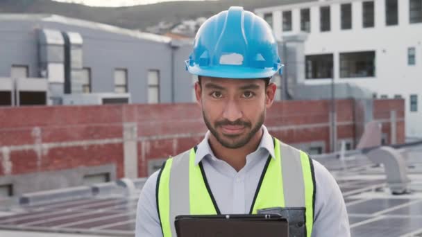 Portrait Asian Construction Worker Smiling Looking Building Plans Digital Tablet — Αρχείο Βίντεο