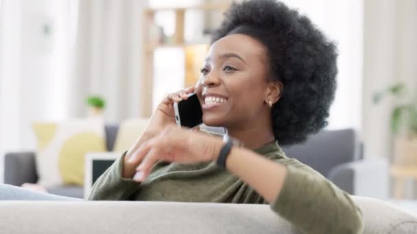 Woman Having Conversation Phone While Sitting Her Sofa Home Cheerful — стоковое видео
